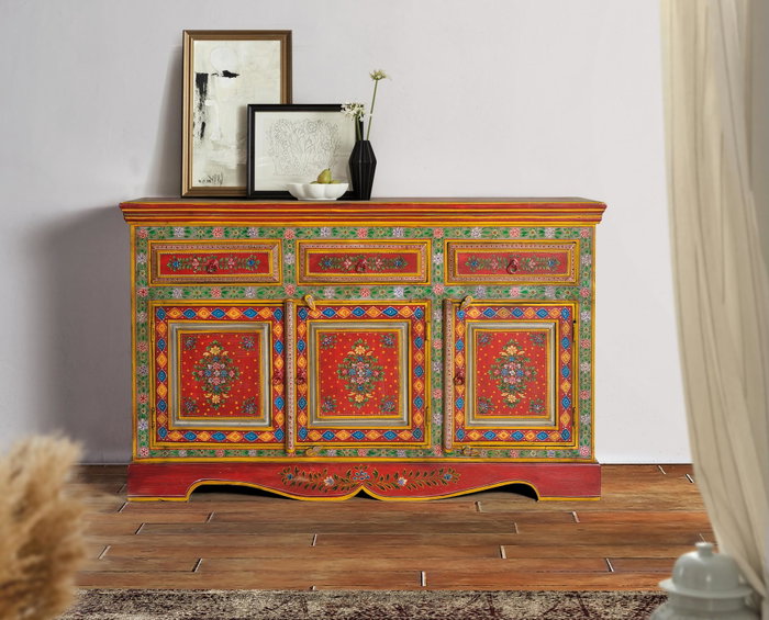 GINER Y COLOMER Buffet en bois de manguier et MDF multicolore peint à la main - 3 tiroirs, 3 portes - 140x86x40 cm